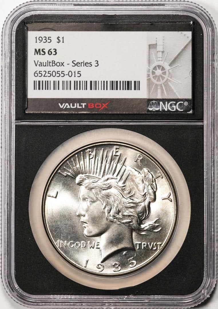 1935 $1 Peace Silver Dollar Coin NGC MS63 Vaultbox Series 3: One 1935 $1 Peace Silver Dollar Coin NGC MS63 Vaultbox Series 3. NGC Certified.