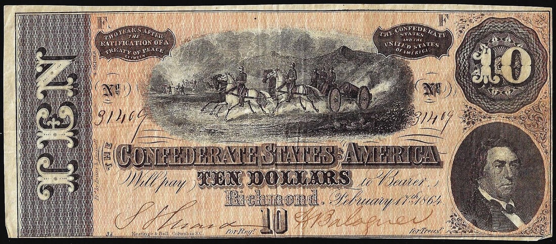 1864 $10 Confederate States of America Note: One 1864 $10 Confederate States of America Note.