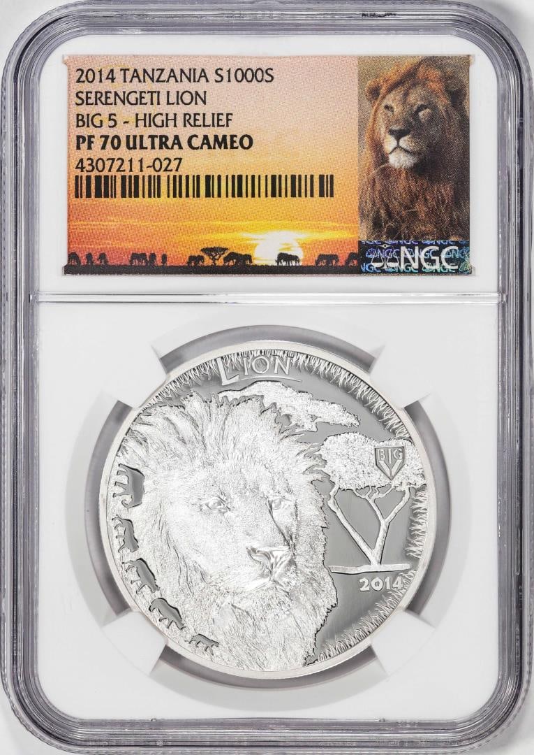2014 Tanzania 1000 Shillings Serengeti Lion Big 5 HR Silver Coin NGC PF70 Ultra Cameo: One 2014 Tanzania 1000 Shillings Serengeti Lion Big 5 HR Silver Coin NGC PF70 Ultra Cameo. NGC Certified.