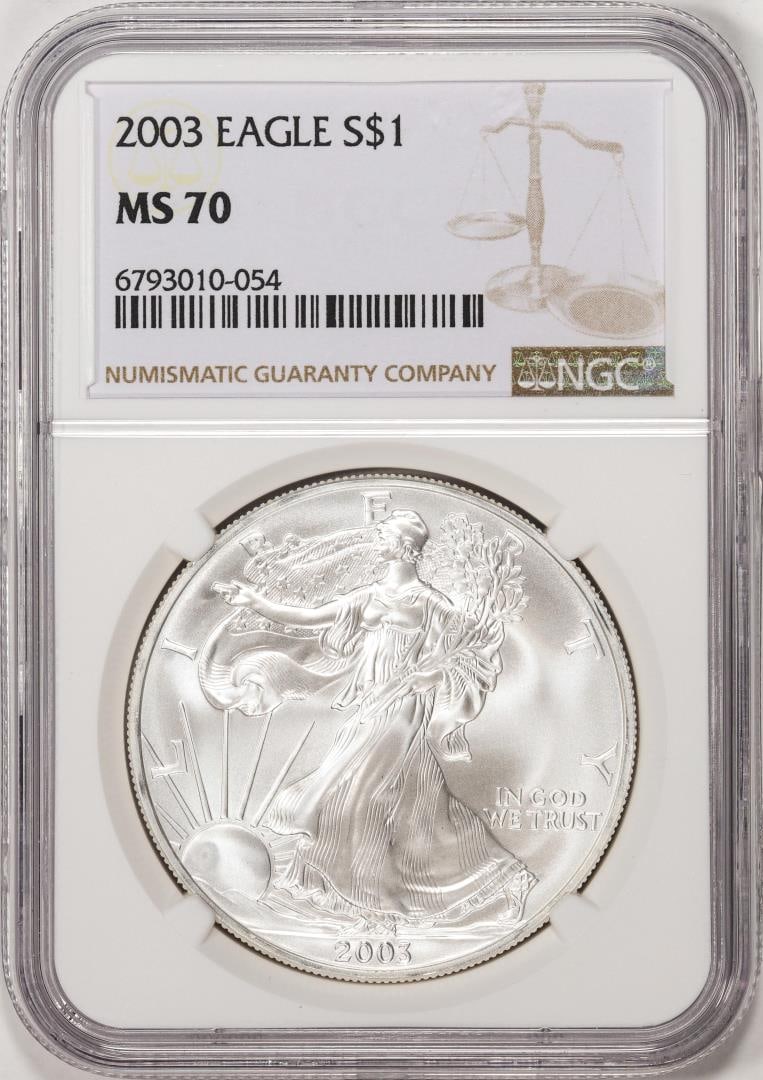 2003 $1 American Silver Eagle Coin NGC MS70: One 2003 $1 American Silver Eagle Coin NGC MS70. NGC Certified.