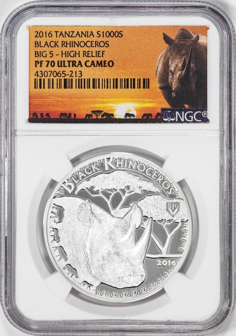 2016 Tanzania 1000 Shillings Black Rhino Big 5 HR Silver Coin NGC PF70 Ultra Cameo: One 2016 Tanzania 1000 Shillings Black Rhino Big 5 HR Silver Coin NGC PF70 Ultra Cameo. NGC Certified.