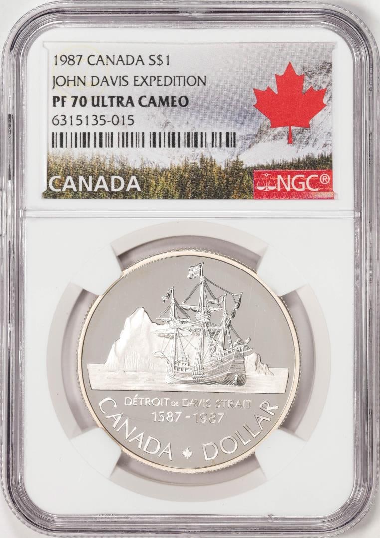 1987 Canada $1 Proof John Davis Expedition Silver Dollar Coin NGC PF70 Ultra Cameo: One 1987 Canada $1 Proof John Davis Expedition Silver Dollar Coin NGC PF70 Ultra Cameo. NGC Certified.