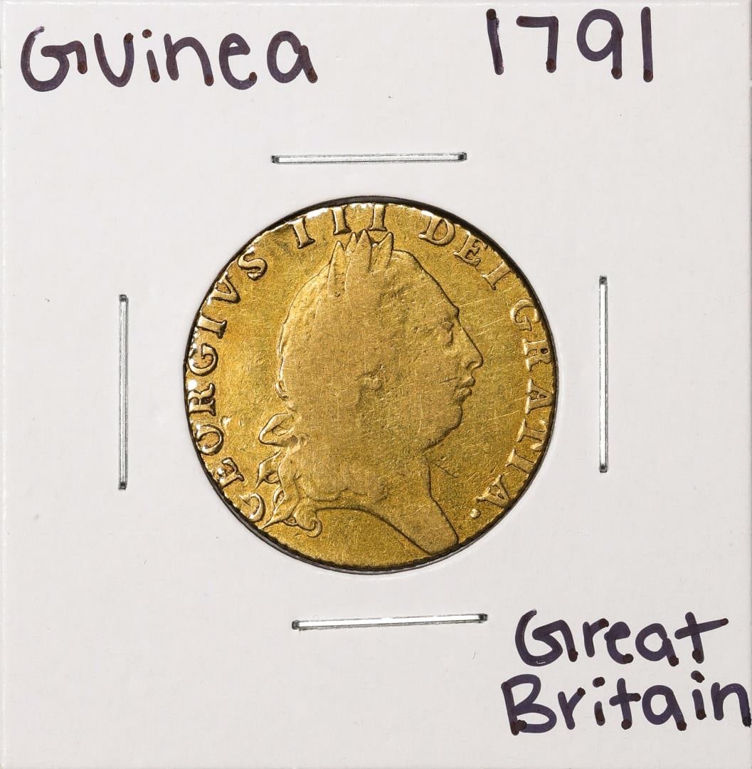 1791 Great Britain George III Guinea Gold Coin: One 1791 Great Britain George III Guinea Gold Coin.