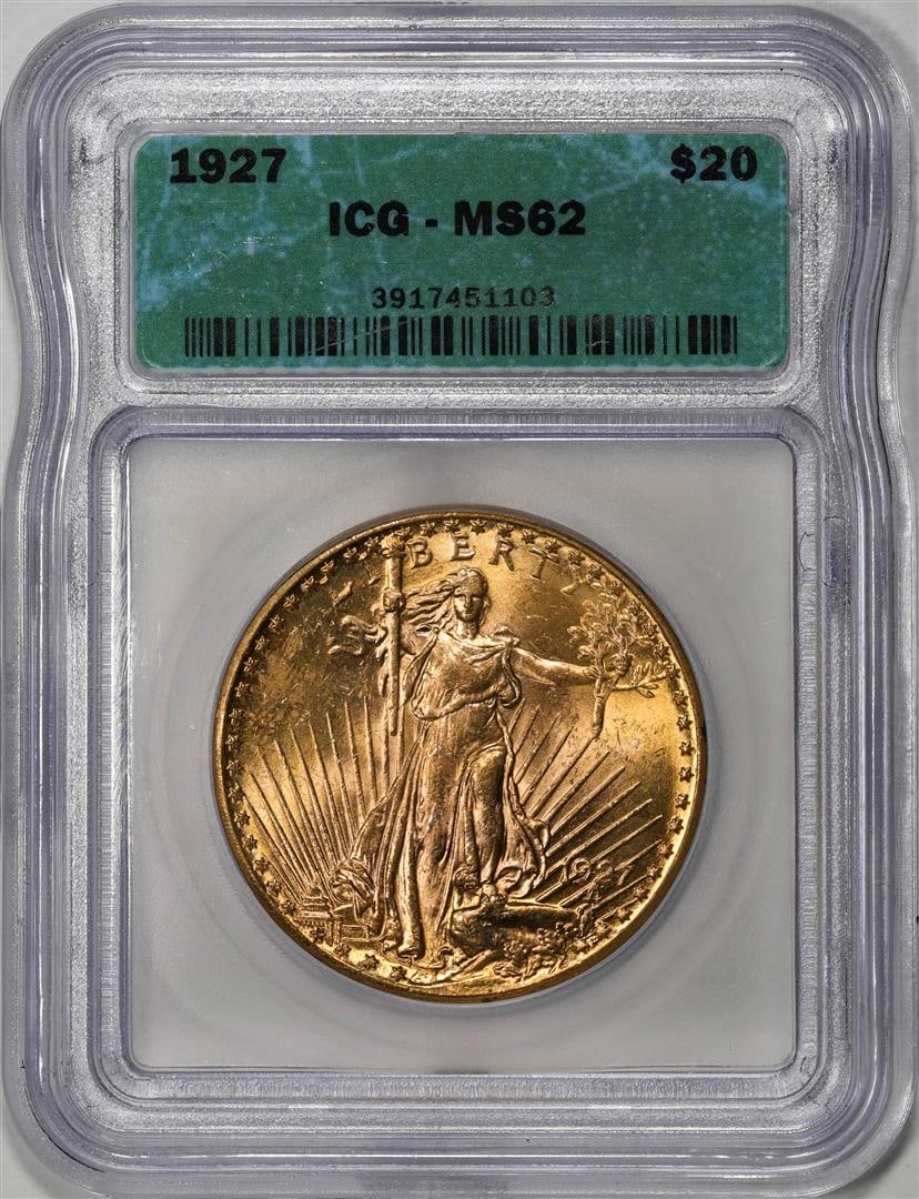 1927 $20 St. Gaudens Double Eagle Gold Coin ICG MS62: One 1927 $20 St. Gaudens Double Eagle Gold Coin ICG MS62. ICG Certified.