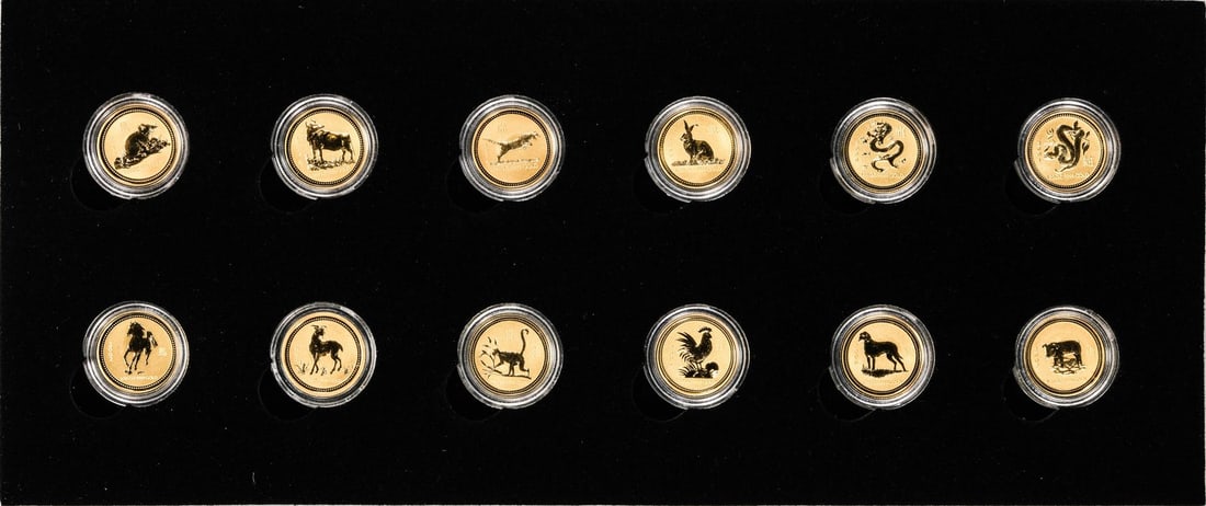 Set of 1996-2007 $5 Australia Reverse Proof Lunar 1/20 oz Gold Coins in Box: One Set of 1996-2007 $5 Australia Reverse Proof Lunar 1/20 oz Gold Coins in Box.