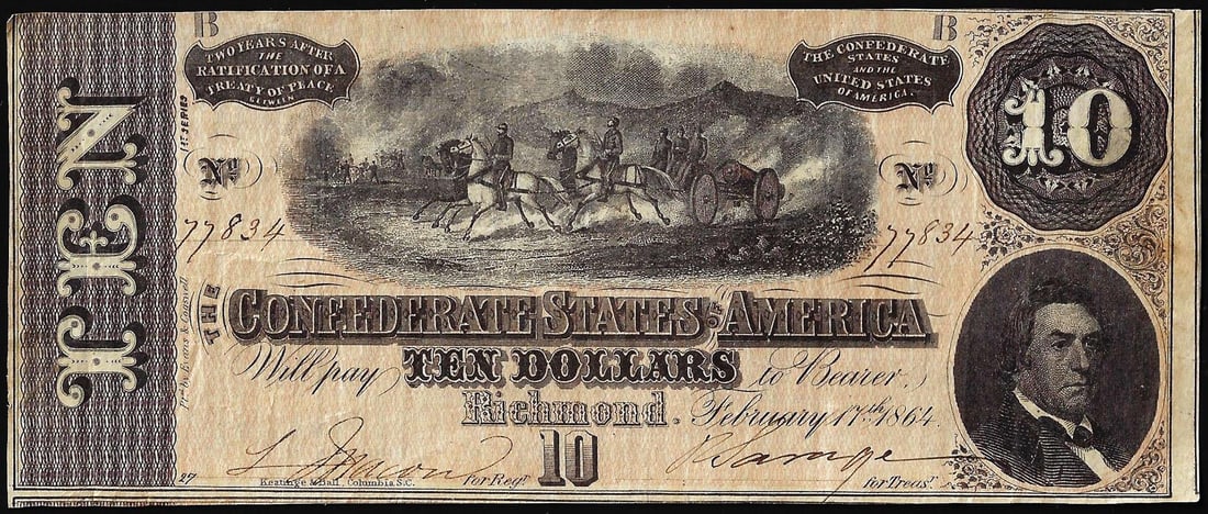 1864 $10 Confederate States of America Note: One 1864 $10 Confederate States of America Note.