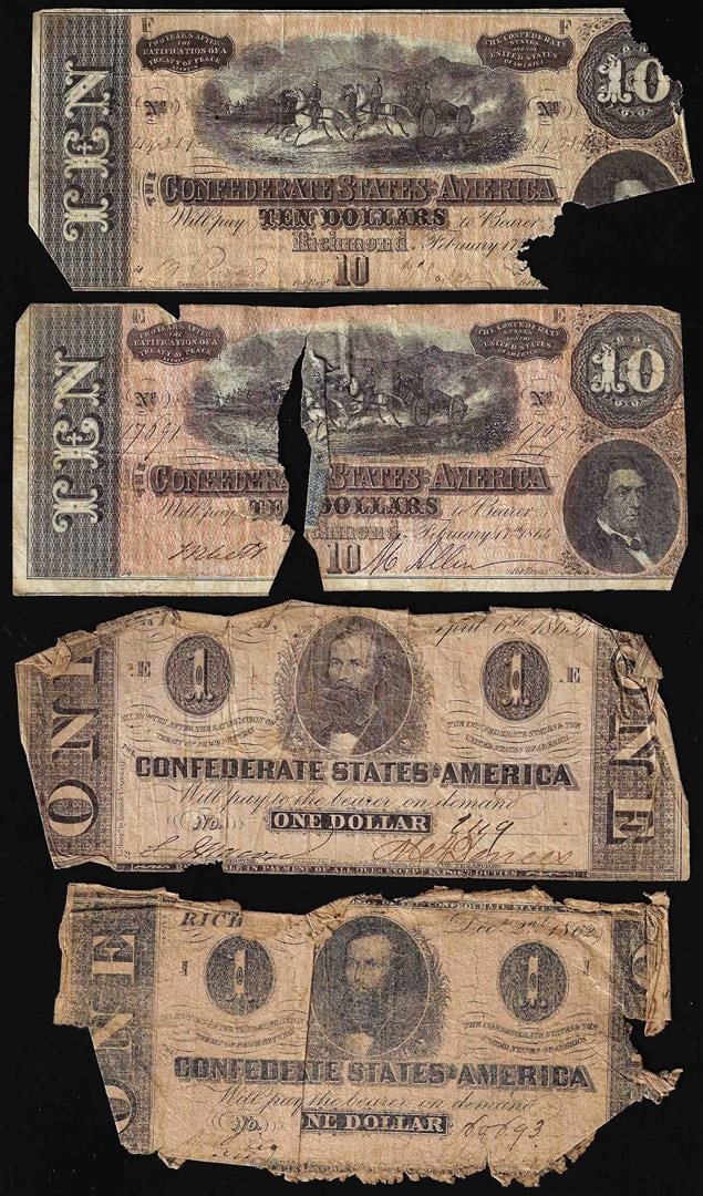 Lot of (4) 1862-1864 Miscellaneous Confederate States of America Notes: One Lot of (4) 1862-1864 Miscellaneous Confederate States of America Notes.