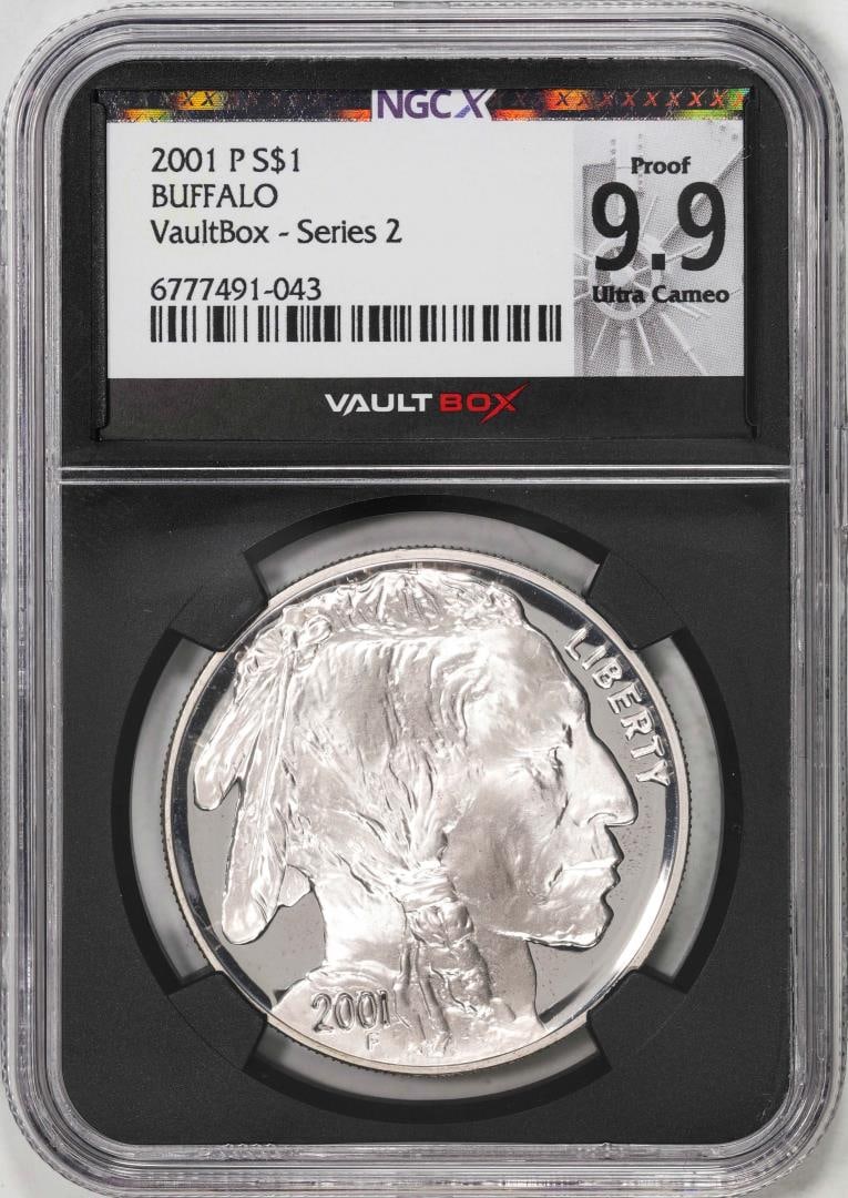2001-P $1 Buffalo Silver Dollar Coin NGCX Proof 9.9 Ultra Cameo VaultBox Series 2: One 2001-P $1 Buffalo Silver Dollar Coin NGCX Proof 9.9 Ultra Cameo VaultBox Series 2. NGC Certified.