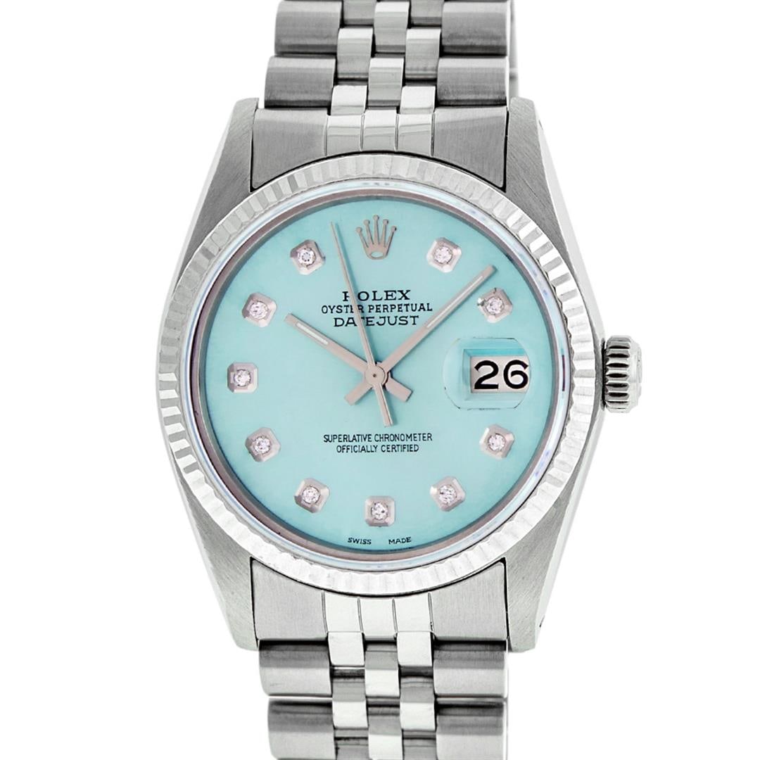 Rolex Men's Stainless Steel Ice Blue Diamond 36MM Datejust Watch: One Men's Stainless Steel Rolex Datejust Polished Bright with Satin Finish, This Watch Has Been Serviced & Electronically Tested, Stainless Steel Case: 36mm, Stainless Steel Crown, Bezel: White Gold F