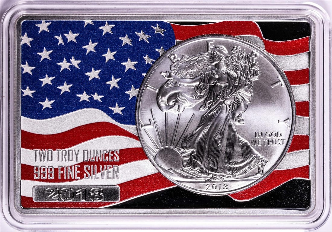 2018 $1 American Silver Eagle Coin & 2oz Silver Bar Set: One 2018 $1 American Silver Eagle Coin & 2oz Silver Bar Set.
