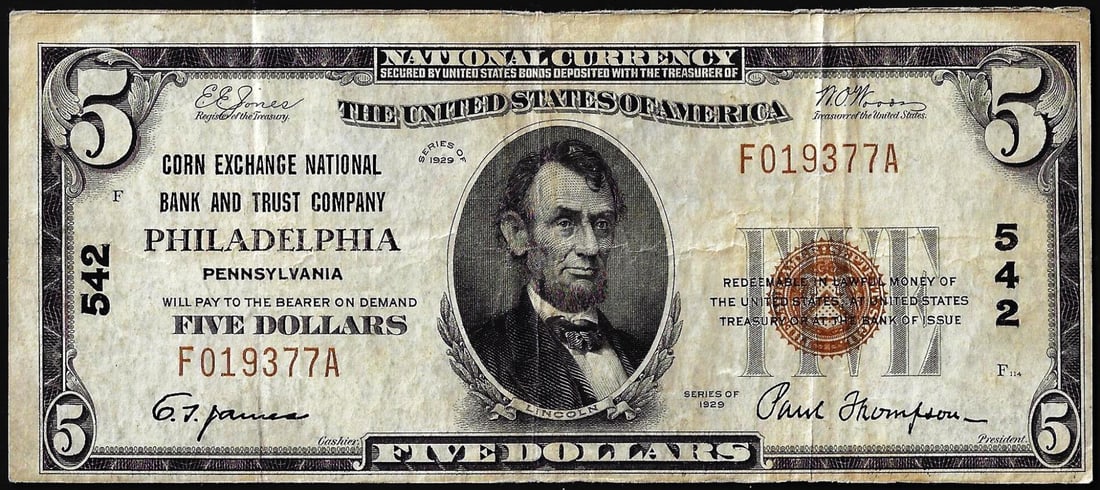 1929 $5 NB and Trust Company of Philadelphia, PA CH#542 National Currency Note: One 1929 $5 NB and Trust Company of Philadelphia, PA CH#542 National Currency Note.