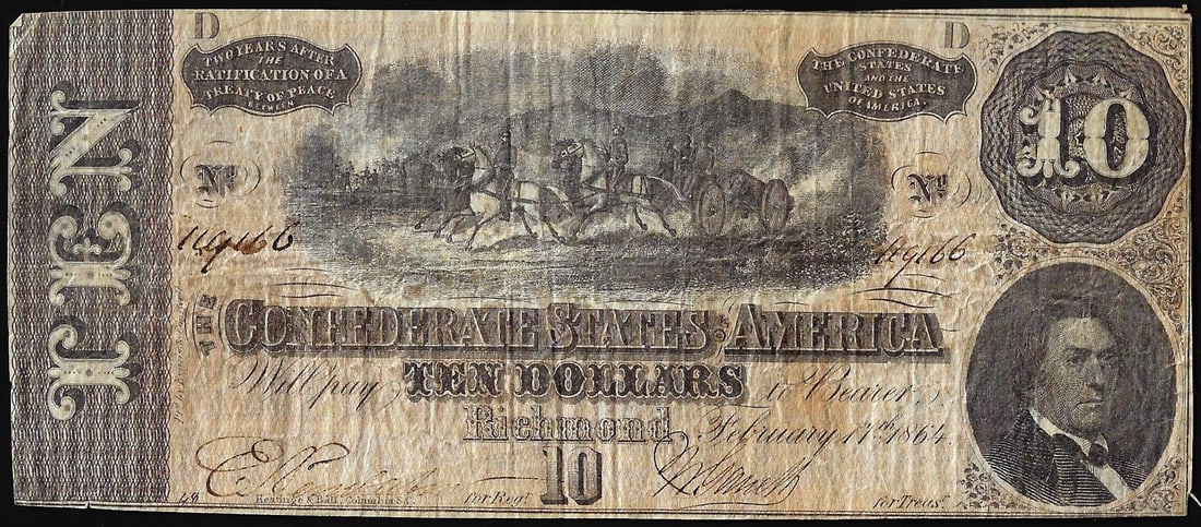 1864 $10 Confederate States of America Note: One 1864 $10 Confederate States of America Note.