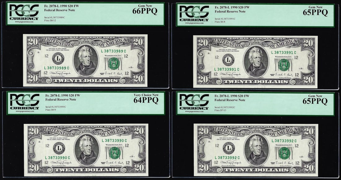 Lot of (4) Consecutive 1990 $20 Federal Reserve Notes Fr.2078-L PCGS New 64/65/66PPQ: One Lot of (4) Consecutive 1990 $20 Federal Reserve Notes Fr.2078-L PCGS New 64/65/66PPQ. PCGS Graded.