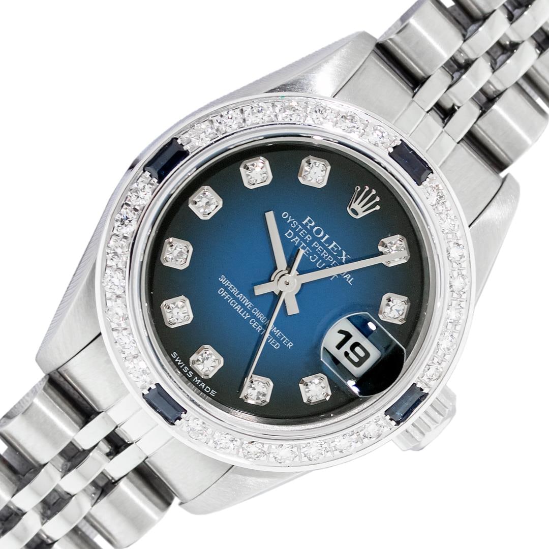 Rolex Ladies Stainless Steel Blue Vignette Sapphire and Diamond Datejust Wristwatch: One Ladies Pre Owned Quickset Stainless Steel Rolex Datejust Polished Bright with Satin Finish, Serviced & Electronically Tested, Stainless Steel Case: 26mm, Rolex Stainless Steel Crown, Custom Bezel: