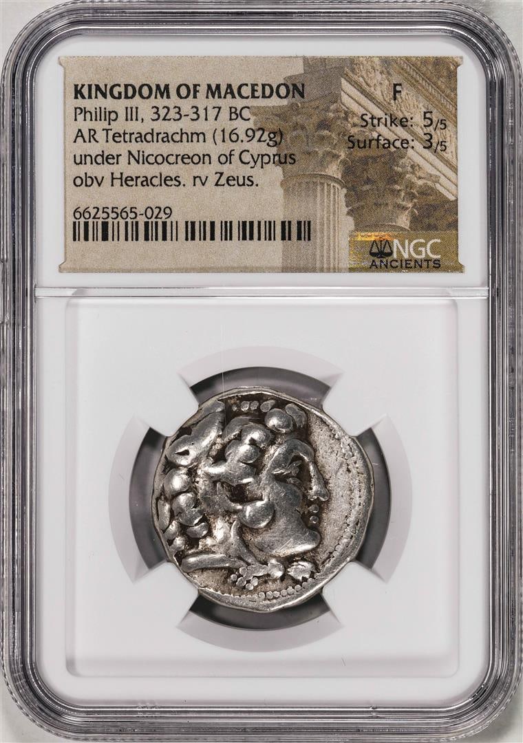323-317 BC Kingdom of Macedon Philip III AR Tetradrachm Ancient Coin NGC F: One 323-317 BC Kingdom of Macedon Philip III AR Tetradrachm Ancient Coin NGC F. NGC Certified.