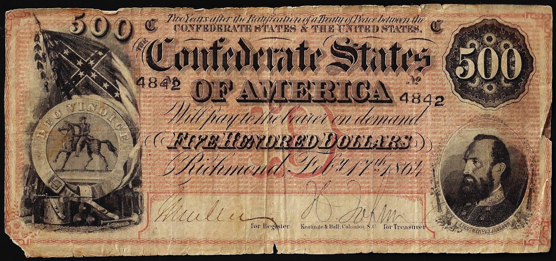 1864 $500 Confederate States of America Note: One 1864 $500 Confederate States of America Note.