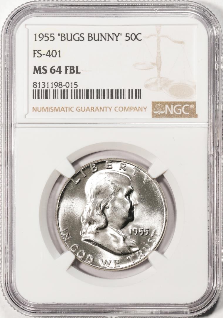 1955 "Bugs Bunny" FS-401 Franklin Half Dollar Coin NGC MS64FBL: One 1955 "Bugs Bunny" FS-401 Franklin Half Dollar Coin NGC MS64FBL. NGC Certified.
