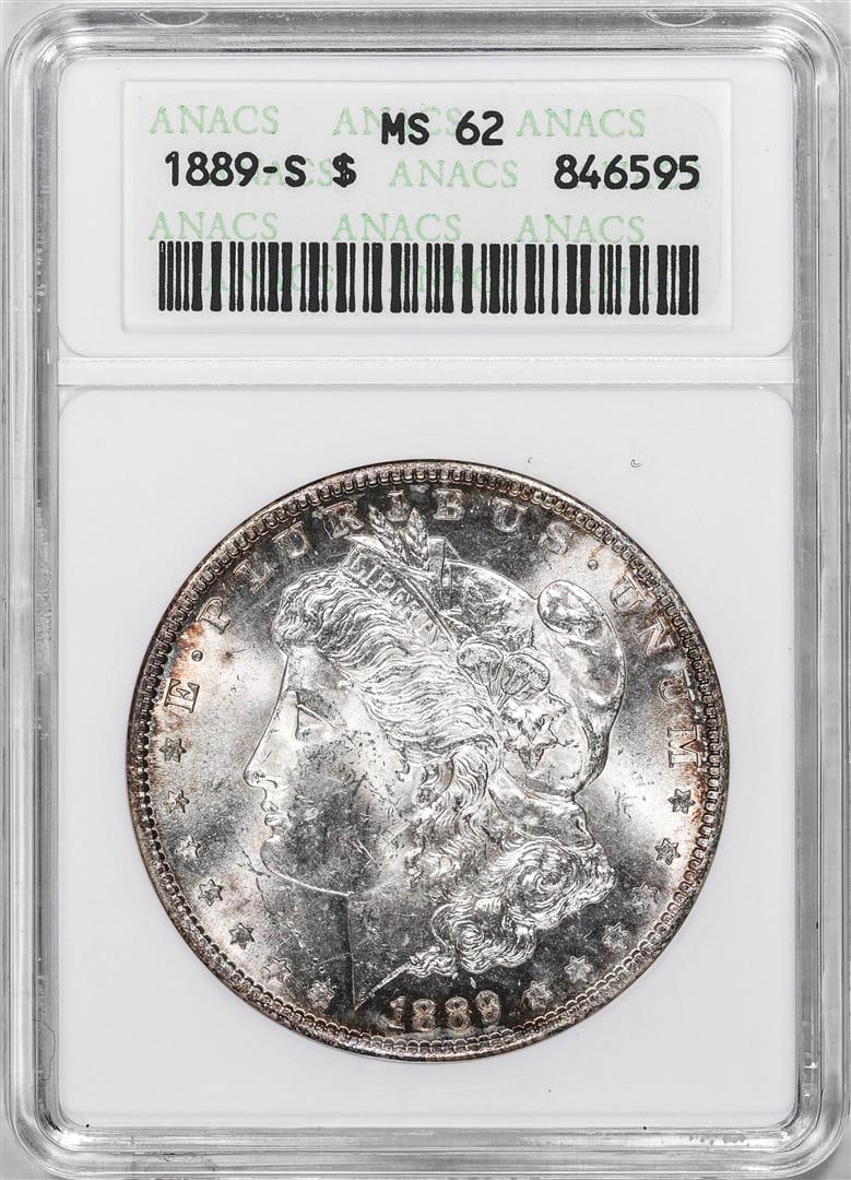 1889-S $1 Morgan Silver Dollar Coin ANACS MS62 Old Soap Box Holder: One 1889-S $1 Morgan Silver Dollar Coin ANACS MS62 Old Soap Box Holder. ANACS Certified.