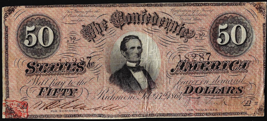 1864 $50 Confederate States of America Note: One 1864 $50 Confederate States of America Note.