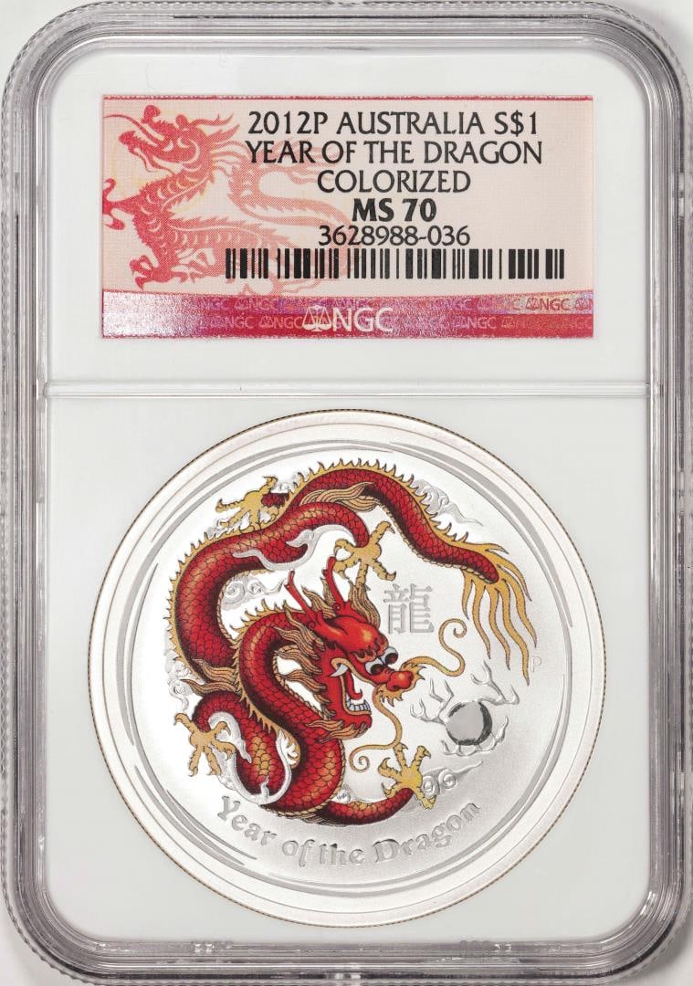 2012-P Australia $1 Year Of The Dragon Colorized Silver Dollar Coin NGC MS70: One 2012-P Australia $1 Year Of The Dragon Colorized Silver Dollar Coin NGC MS70. NGC Certified.
