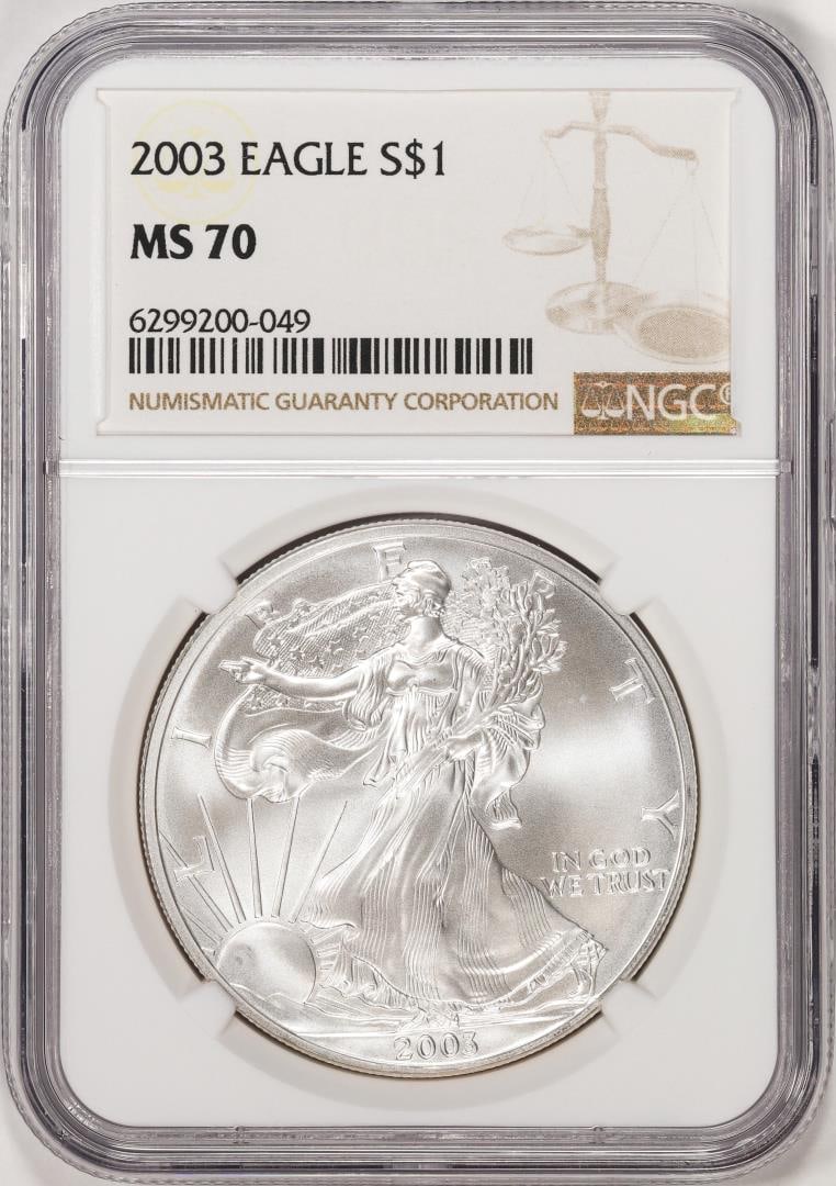 2003 $1 American Silver Eagle Coin NGC MS70: One 2003 $1 American Silver Eagle Coin NGC MS70. NGC Certified.