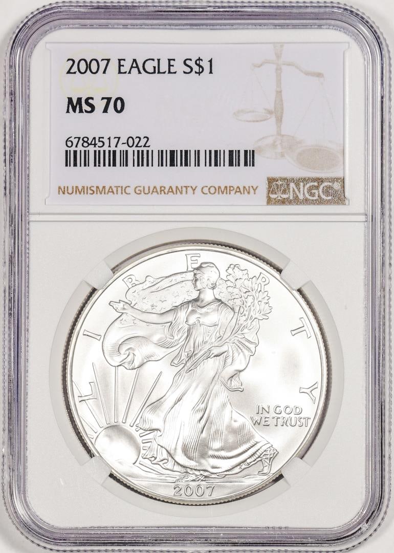 2007 $1 American Silver Eagle Coin NGC MS70: One 2007 $1 American Silver Eagle Coin NGC MS70. NGC Certified.