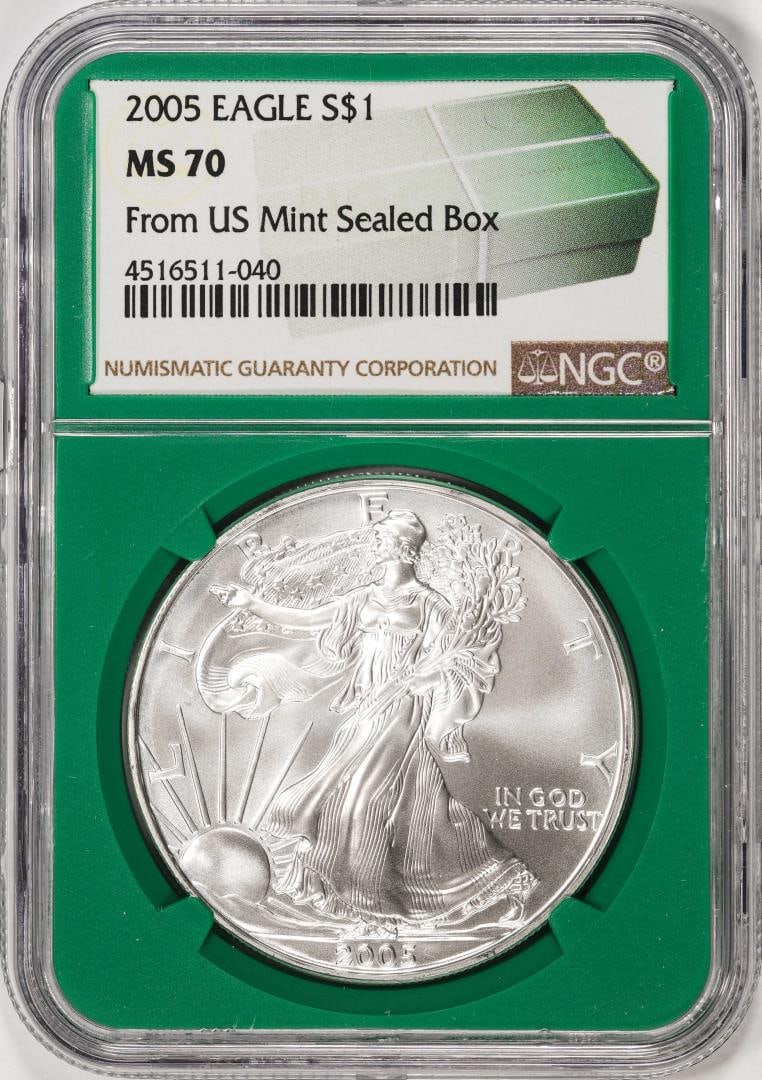 2005 $1 American Silver Eagle Coin NGC MS70 From US Mint Sealed Box Green Core: One 2005 $1 American Silver Eagle Coin NGC MS70 From US Mint Sealed Box Green Core. NGC Certified.