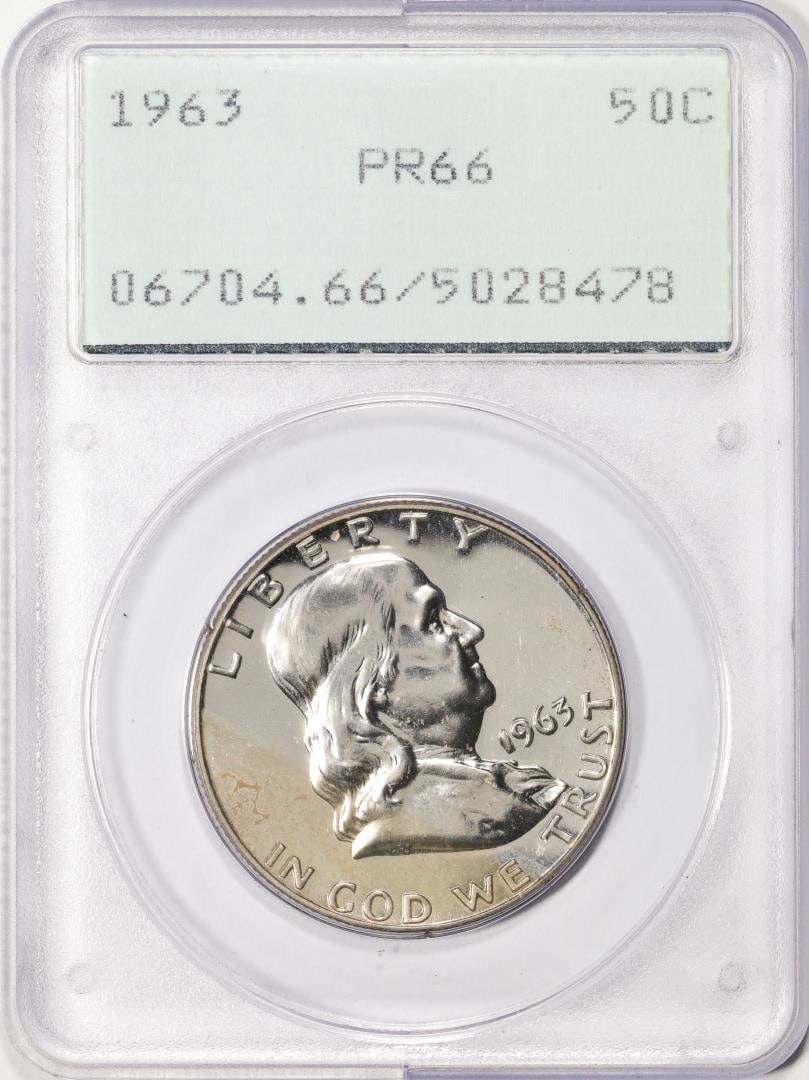 1963 Proof Franklin Half Dollar Coin PCGS PR66 Old Green Rattler: One 1963 Proof Franklin Half Dollar Coin PCGS PR66 Old Green Rattler. PCGS Graded.