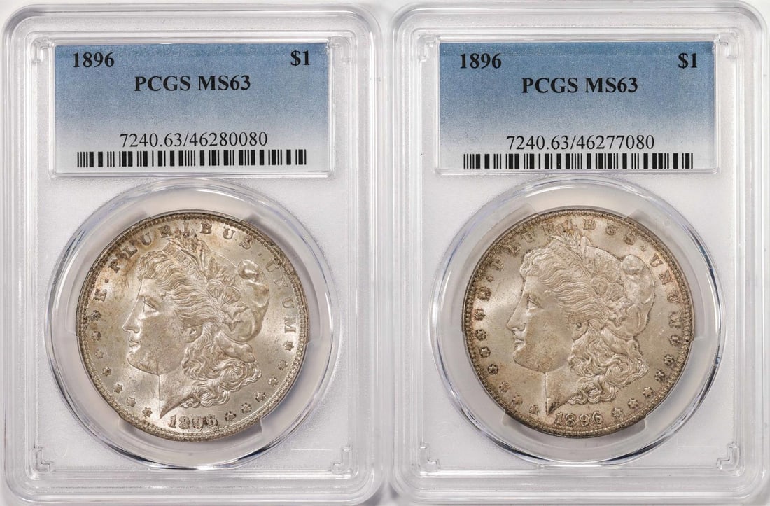 Lot of (2) 1896 $1 Morgan Silver Dollar Coins PCGS MS63: One Lot of (2) 1896 $1 Morgan Silver Dollar Coins PCGS MS63. PCGS Graded.