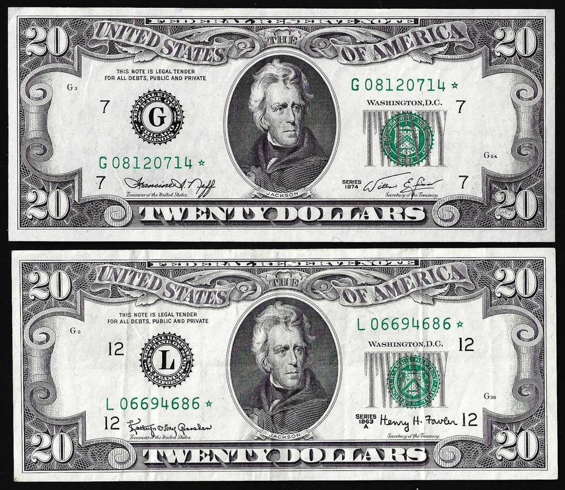Lot of 1963A & 1974 $20 Federal Reserve Star Notes: One Lot of 1963A & 1974 $20 Federal Reserve Star Notes.