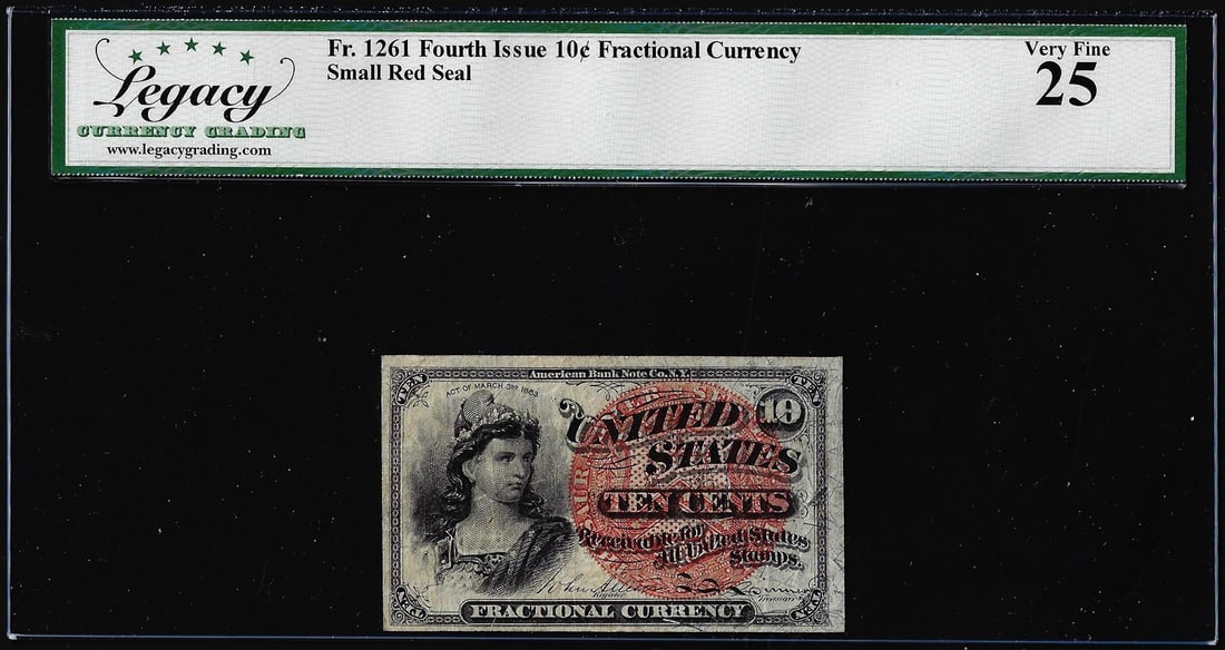 1863 Fourth Issue 10 Cents Fractional Currency Note Fr.1261 Legacy Very Fine 25: One 1863 Fourth Issue 10 Cents Fractional Currency Note Fr.1261 Legacy Very Fine 25. Legacy Graded.