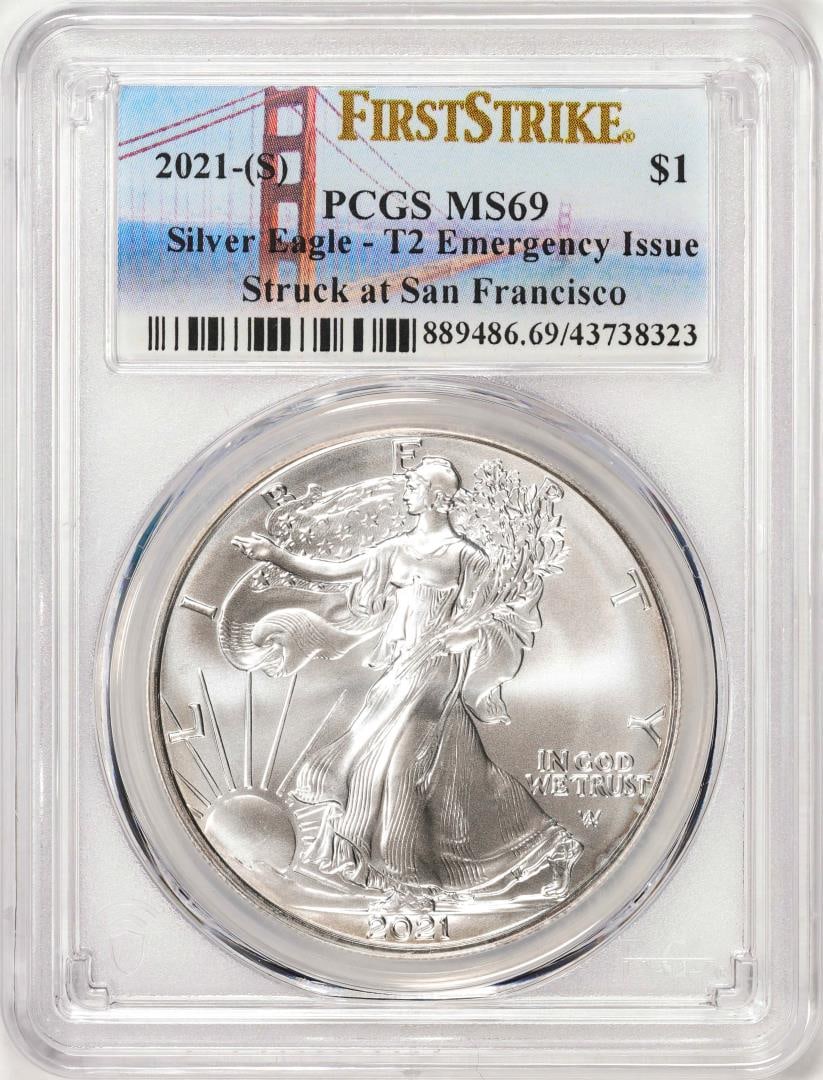 2021-(S) Type 2 $1 American Silver Eagle Coin PCGS MS69 First Strike Emergency Issue: One 2021-(S) Type 2 $1 American Silver Eagle Coin PCGS MS69 First Strike Emergency Issue. PCGS Graded.