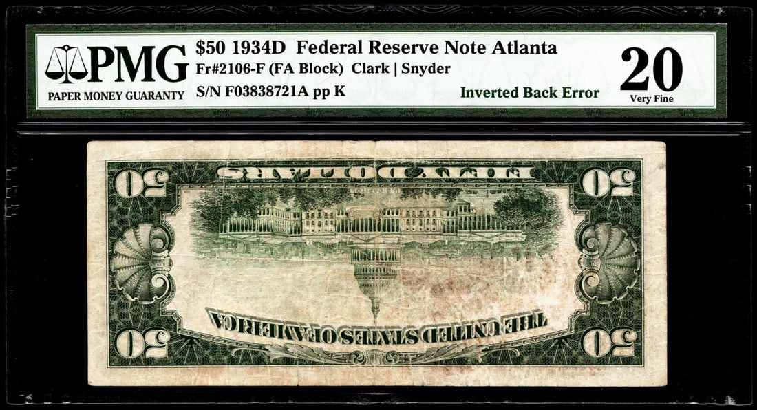 1934D $50 Federal Reserve Note Atlanta Inverted Back Error Fr.2106-F PMG Very Fine 20: One 1934D $50 Federal Reserve Note Atlanta Inverted Back Error Fr.2106-F PMG Very Fine 20. PMG Certified.