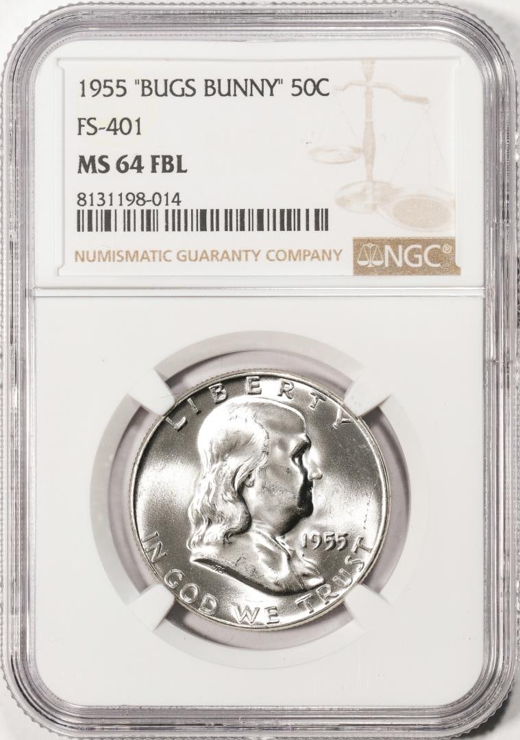 1955 "Bugs Bunny" FS-401 Franklin Half Dollar Coin NGC MS64FBL: One 1955 "Bugs Bunny" FS-401 Franklin Half Dollar Coin NGC MS64FBL. NGC Certified.