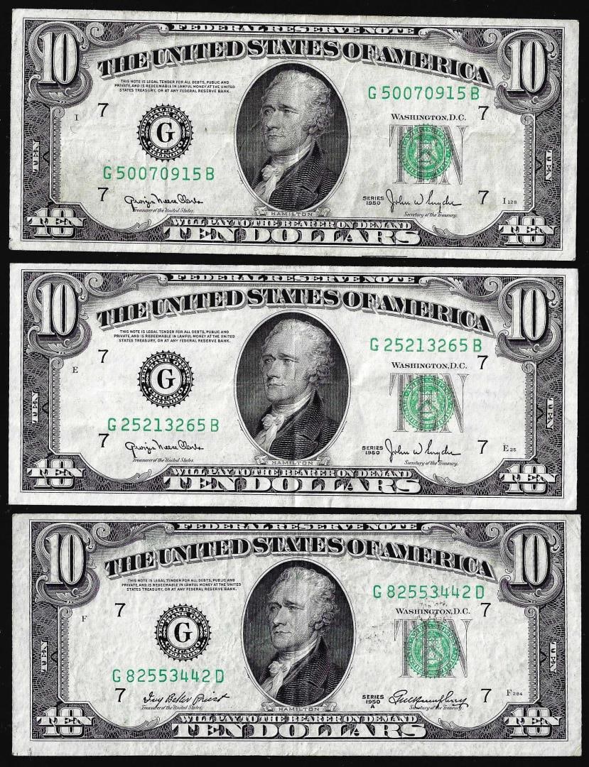 Lot of (3) 1950 $10 Federal Reserve Notes Chicago: One Lot of (3) 1950 $10 Federal Reserve Notes Chicago.