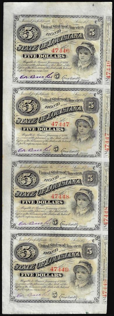 Uncut Sheet of (4) State of Louisiana Baby Bond Obsolete Notes: One Uncut Sheet of (4) State of Louisiana Baby Bond Obsolete Notes.