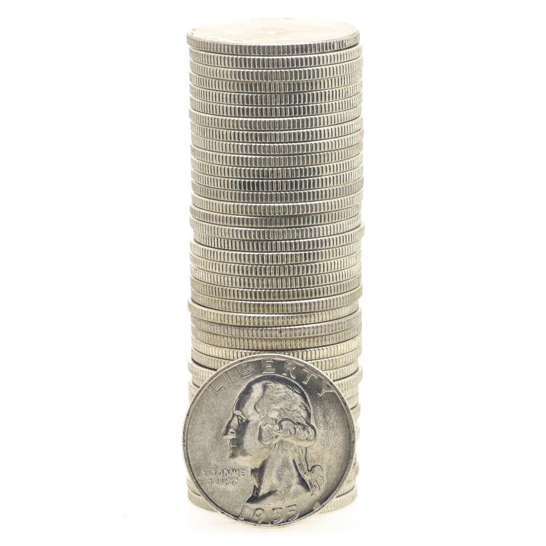 Roll of (40) Brilliant Uncirculated 1955-D Washington Quarter Coins: One Roll of (40) Brilliant Uncirculated 1955-D Washington Quarter Coins.
