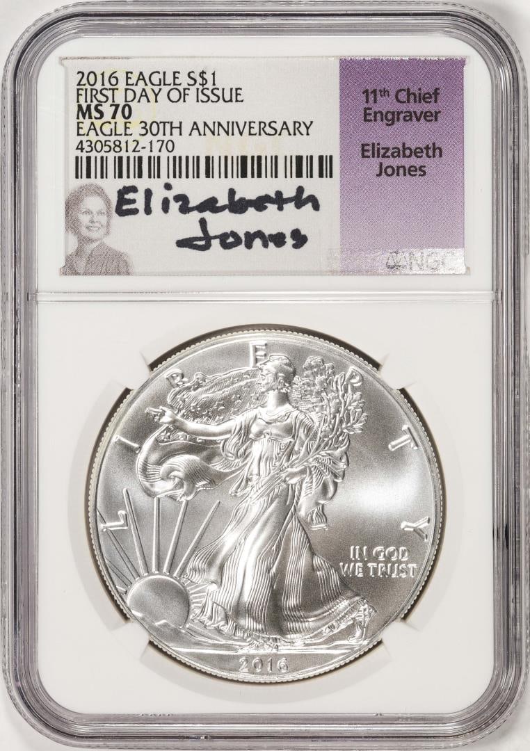 2016 $1 American Silver Eagle Coin NGC MS70 FDOI Jones Signature 30th Anniversary: One 2016 $1 American Silver Eagle Coin NGC MS70 FDOI Jones Signature 30th Anniversary. NGC Certified.