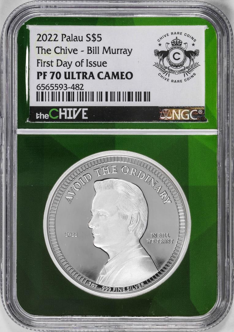 2022 Paulau $5 Proof The Chive Bill Murray Silver Coin NGC PF70 Ultra Cameo FDOI: One 2022 Paulau $5 Proof The Chive Bill Murray Silver Coin NGC PF70 Ultra Cameo FDOI. NGC Certified.