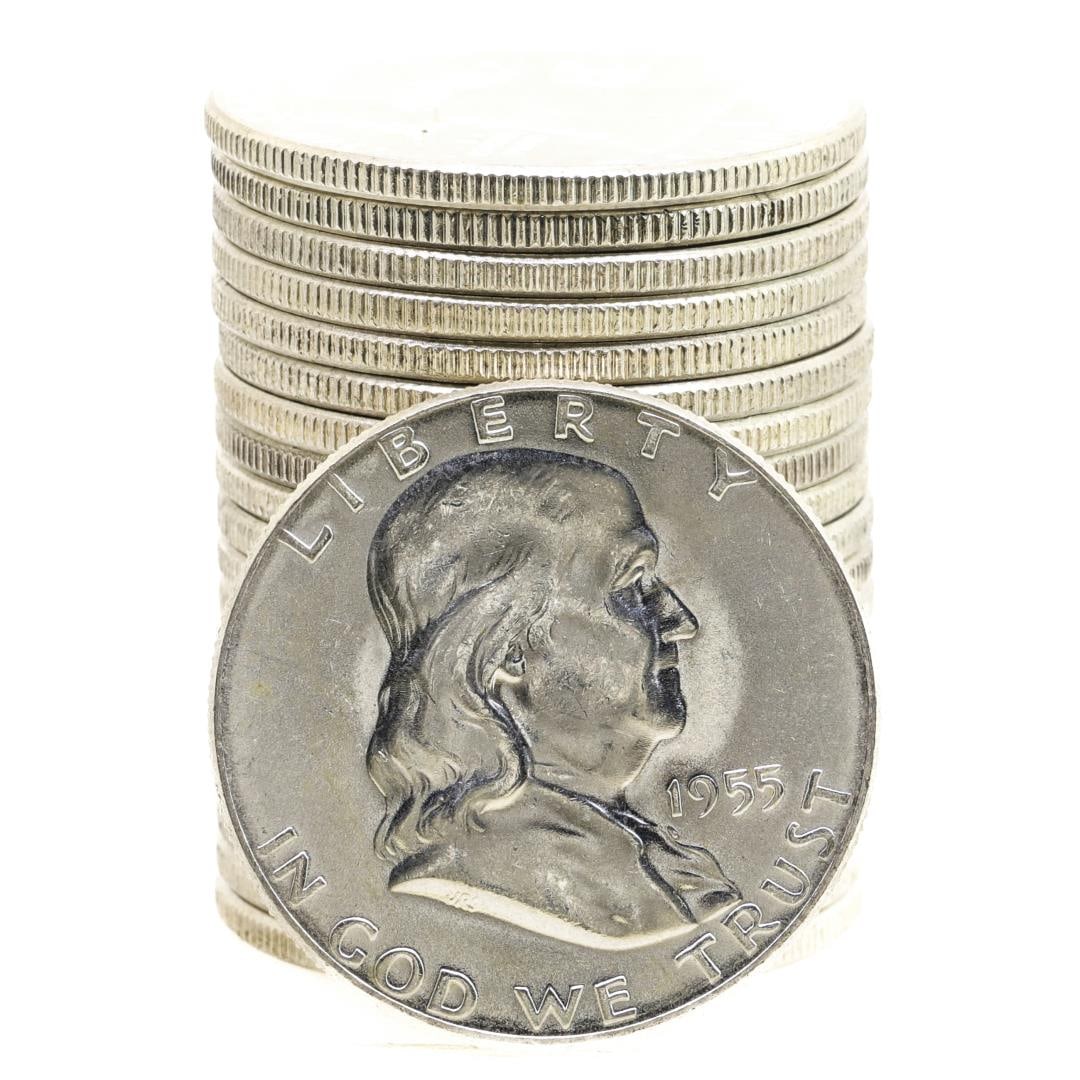 Roll of (20) Brilliant Uncirculated 1955 Franklin Half Dollar Coins: One Roll of (20) Brilliant Uncirculated 1955 Franklin Half Dollar Coins.