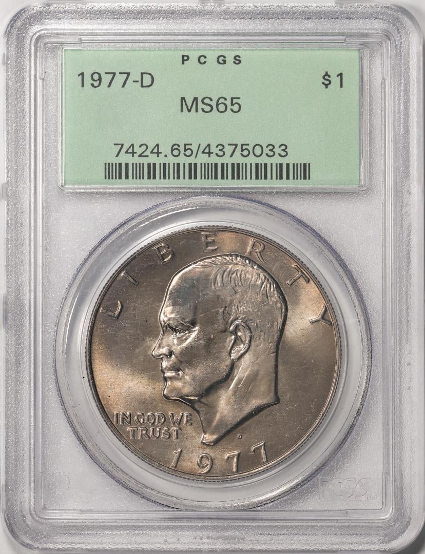 1977-D $1 Eisenhower Dollar Coin PCGS MS65 Old Green Holder: One 1977-D $1 Eisenhower Dollar Coin PCGS MS65 Old Green Holder. PCGS Graded.