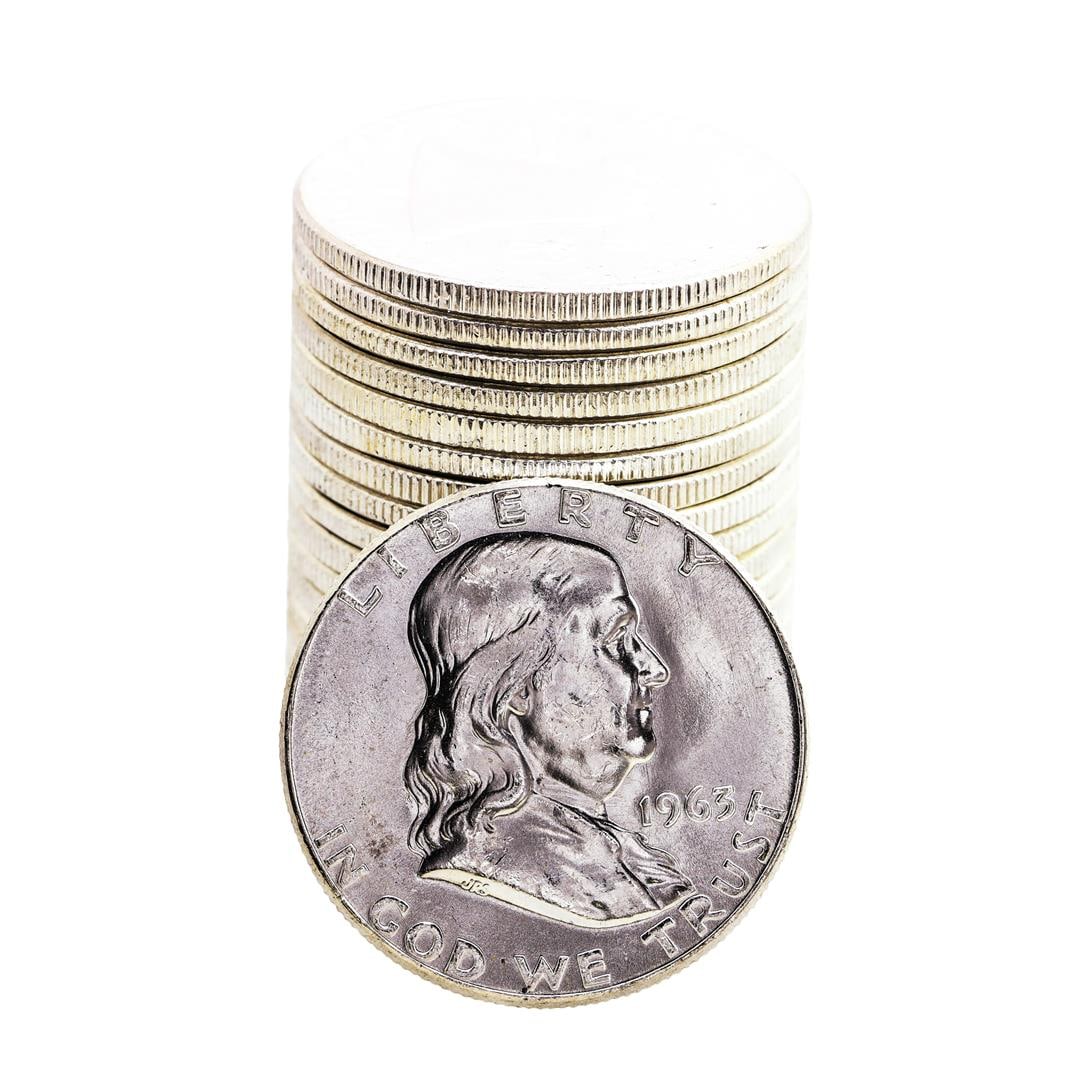 Roll of (20) Brilliant Uncirculated 1963 Franklin Half Dollar Coins: One Roll of (20) Brilliant Uncirculated 1963 Franklin Half Dollar Coins.