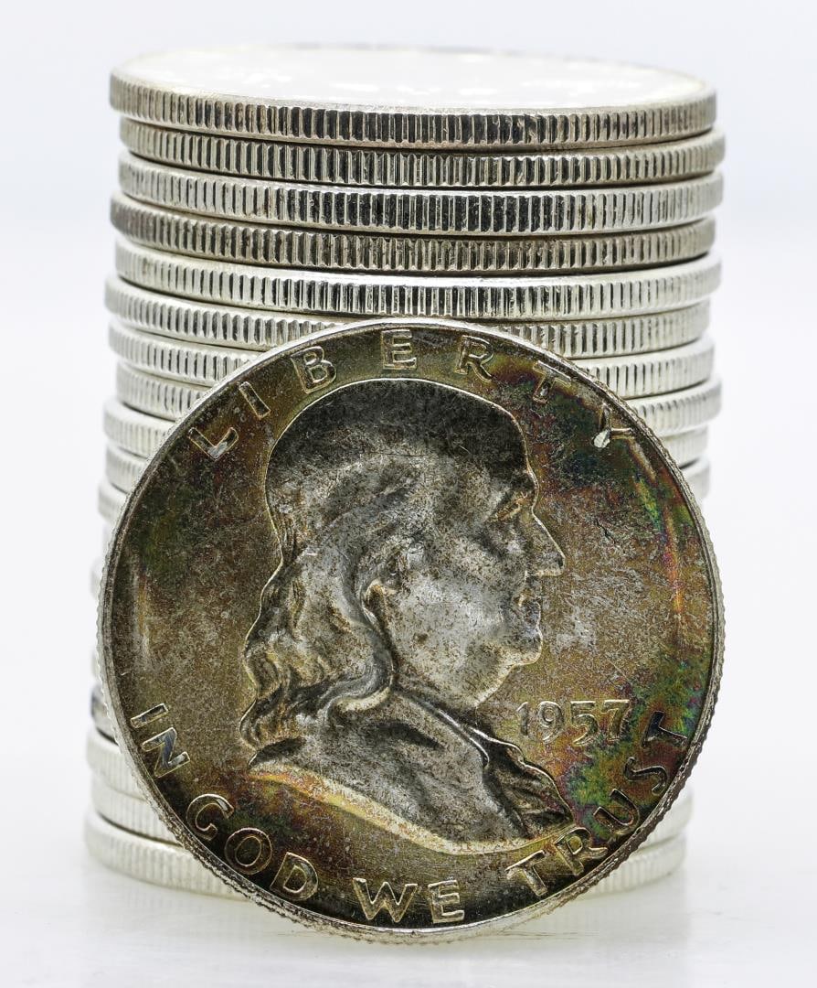 Roll of (20) Brilliant Uncirculated 1957 Franklin Half Dollar Coins Toning: One Roll of (20) Brilliant Uncirculated 1957 Franklin Half Dollar Coins Toning.