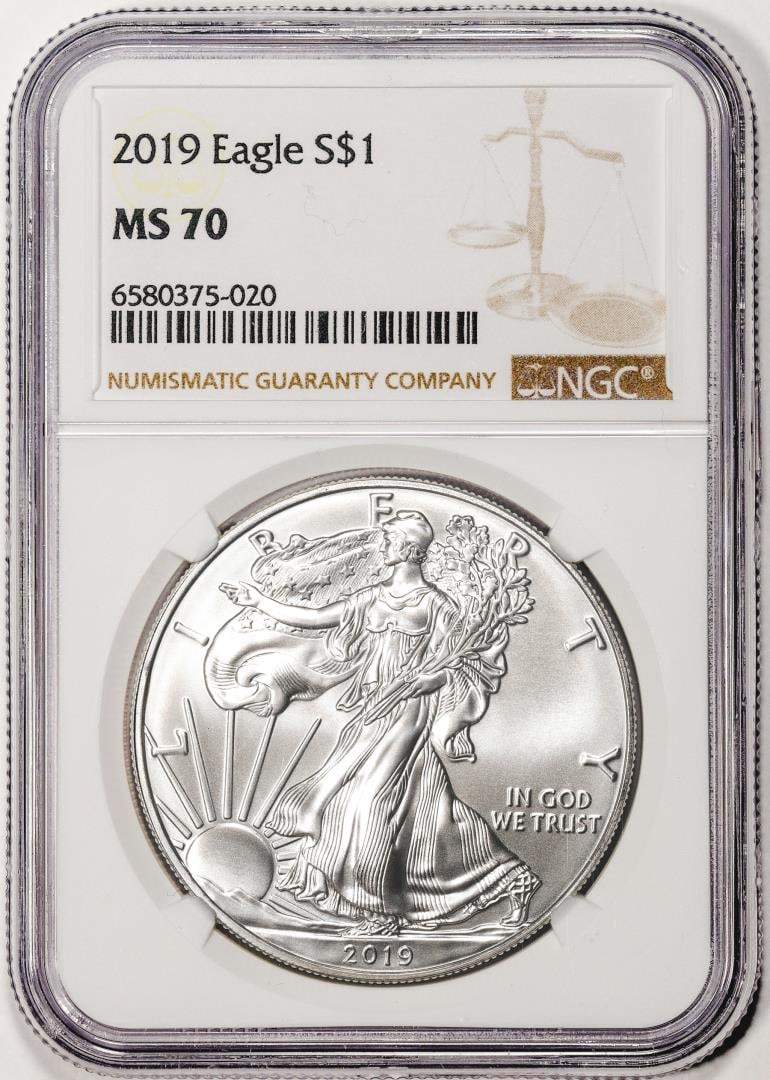 2019 $1 American Silver Eagle Coin NGC MS70: One 2019 $1 American Silver Eagle Coin NGC MS70. NGC Certified.