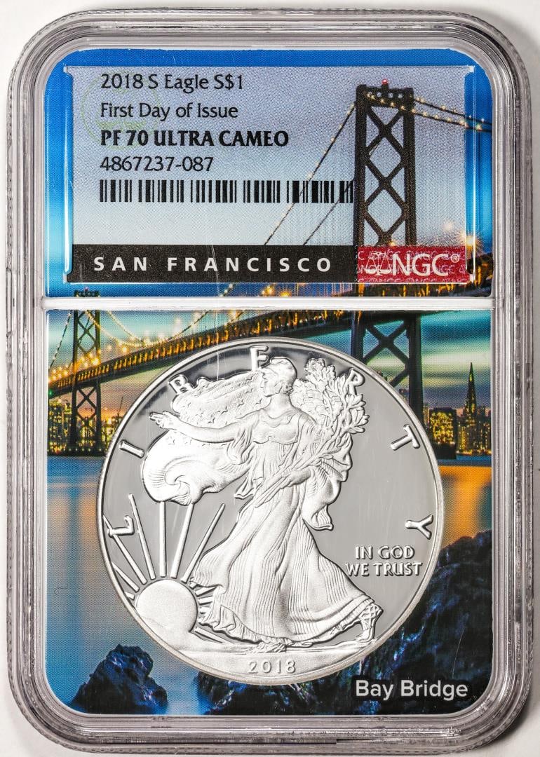 2018-S $1 Proof American Silver Eagle NGC Coin PF70 Ultra Cameo First Day of Issue: One 2018-S $1 Proof American Silver Eagle NGC Coin PF70 Ultra Cameo First Day of Issue. NGC Certified.