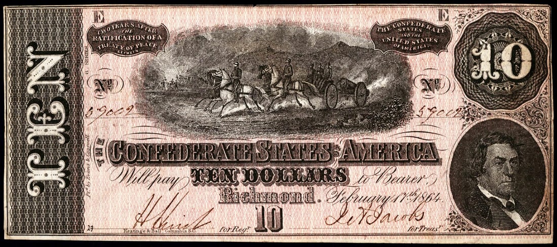 1864 $10 Confederate States of America Note: One 1864 $10 Confederate States of America Note.