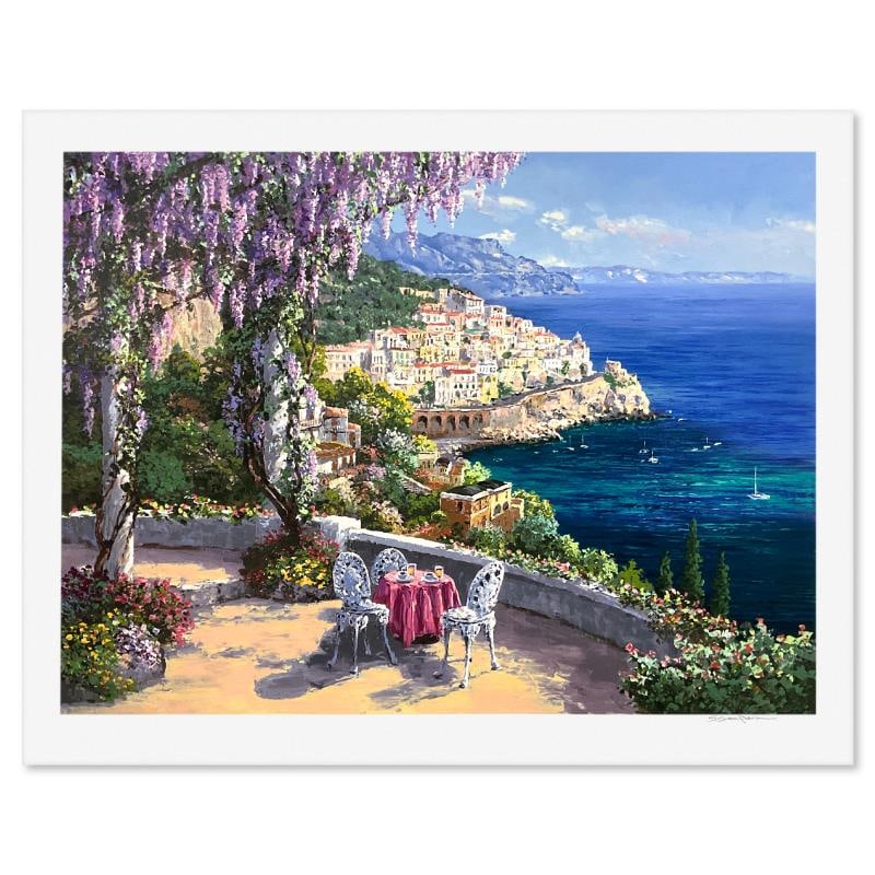 Sam Park "Amalfi Patio" Limited Edition Printer's Proof on Paper: "Amalfi Patio" is a limited edition Printer's Proof on paper by Sam Park, numbered and hand signed by the artist. Includes Letter of Authenticity. Measures approx. 34.5" x 44" (border), 30" x 40" (ima