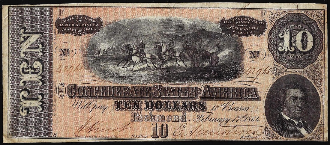 1864 $10 Confederate States of America Note: One 1864 $10 Confederate States of America Note.