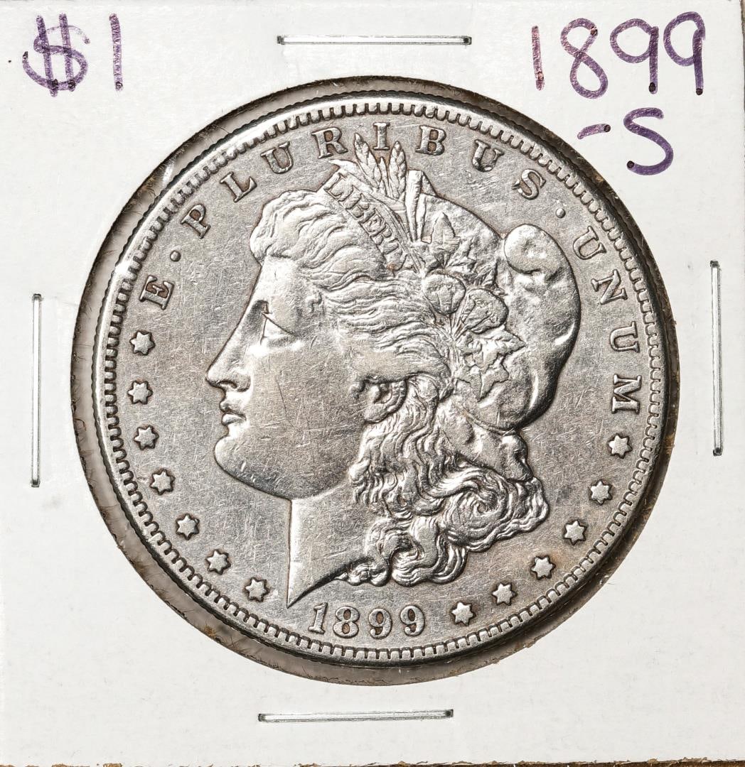 1899-S $1 Morgan Silver Dollar Coin: One 1899-S $1 Morgan Silver Dollar Coin.