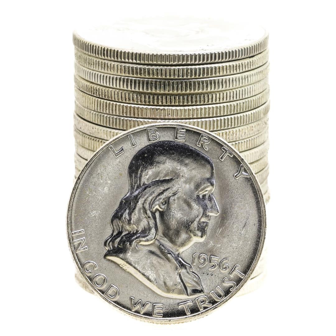 Roll of (20) Brilliant Uncirculated 1956 Franklin Half Dollar Coins: One Roll of (20) Brilliant Uncirculated 1956 Franklin Half Dollar Coins.
